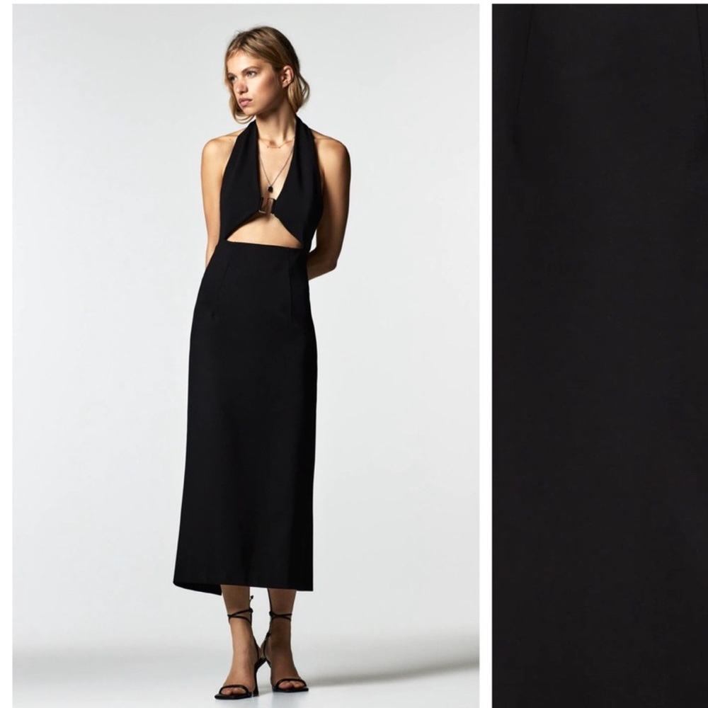 Zara Black Cut Out Halter Midi Dress Size XS